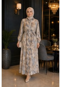 Resim %100 Pamuklu Mango Kumaş Boydan Düğmeli Kuşaklı Tesettür Elbise 135 Cm Desenli Bordo 
