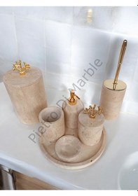 Resim Sarı Traverten Klasik Model 7 Parça Gold Renk Mercan Aksesuarlı Banyo Seti Sarı Traverten 