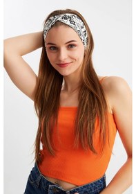 Resim Kadın Çapraz Bağlamalı Pamuklu Penye, Kaymaz, Yumuşak, Esnek, Saç Bandı Bandana - Tek Ebat / Beyaz Desen Beyaz Desen 