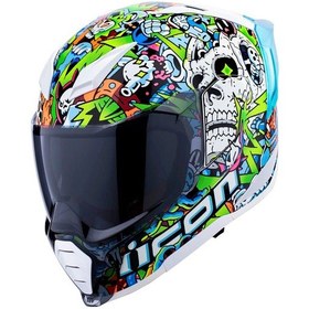 Resim Icon Ultraflite Doodle 3 Mıps Kapalı Motosiklet Kaskı Beyaz Mavi Yeşil 