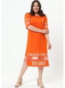 Resim Kadın Büyük Beden Tül Ve Yazı Detaylı Turuncu Elbise Turuncu 