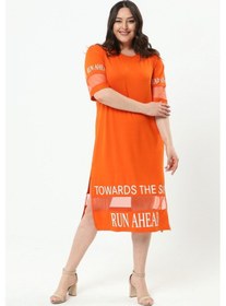 Resim Kadın Büyük Beden Tül Ve Yazı Detaylı Turuncu Elbise Turuncu 