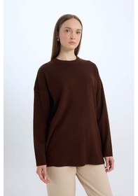 Resim DeFacto Relax Fit Bisiklet Yaka Basic Düz Triko Tunik Kazak E2938AX24WNBN320 Kahve 