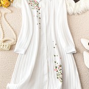 Resim Elegant Plus Size Kadın Uzun Kollu Elbise, Çiçek Nakışlı, Yaka Yaka ve Kabartmalı Detaylı - Çok Yönlü Tüm Mevsimler İçin Giyim, Plaj Örtüsü | Çiçek Nakışlı Elbise | Akışkan Tasarım, Artı Boyutlu Elbise 