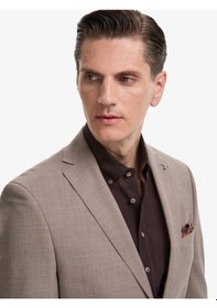 Resim Cacharel Açık Kahverengi Slim Fit Yün Keten Karışımlı Mikro Desen Mono Yaka Takım Elbise 