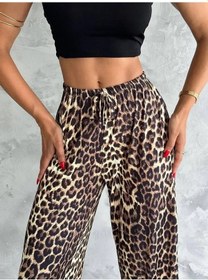 Resim Adisia Kadın Varak Baskılı Leopar Desenli Mevsimlik Beli Lastikli Geniş Paça Pantolon Leopar 