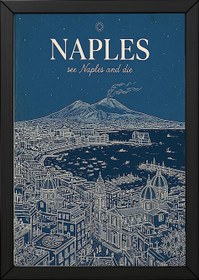 Resim Naples Line Art Print - Navy Mount Vesuvius Bay Skyline Wall Art - Wooden Frame - White / 8,3 x 11,7" (21x30) 