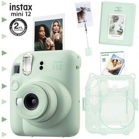 Resim Fujifilm Instax Mini 12 Fotoğraf Makinesi + 10'lu Film + Kıskaçlı Stand + Pvc Albüm + Simli Pleksi Kılıf Seti Yeşil 