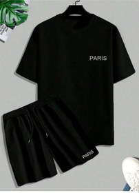 Resim Tarzsokak Unisex Siyah Alt-üst Tshirt Şort Kombini Paris Baskılı Takım Siyah 