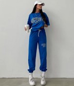 Resim DUBU BUTİK Michigan T-shirt Eşofman Altı Jogger - Mavi Baskı Alt Üst Eşofman Takımı Oversize Bisiklet Yaka 