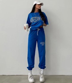 Resim DUBU BUTİK Michigan T-shirt Eşofman Altı Jogger - Mavi Baskı Alt Üst Eşofman Takımı Oversize Bisiklet Yaka 
