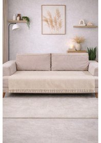 Resim Pamuklu Koltuk Örtüsü 115x200 Cm Çekyat Ve Kanepeler İçin Koruyucu Önden Saçaklı Dekoratif Kaymaz Ekru 