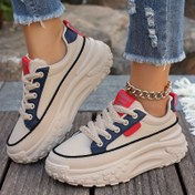 Resim Kadın Moda Spor Ayakkabıları Kalın Platform Düşük Üst Bağcıklı Spor Ayakkabı, Tüm Mevsim Katı Renk Yürüyüş Ayakkabısı ile Kauçuk Taban ve Mikrofiber İç Taban 