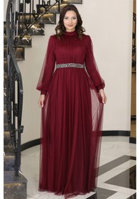 Resim Raika Moda Alia Şık Taş Detaylı Büyük Beden Tesettür Abiye - Alya Bordo 