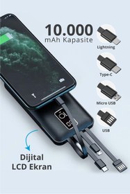 Resim Piranha 9030 LCD Göstergeli 10.000mAh Powerbank Hızlı Şarj / Type-C-USB-iOS Lightning-Micro USB Çoklu Kablo 