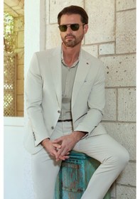Resim İmza Kendinden Desenli Mono Yaka 6 Drop Slim Fit Takım Elbise 1001260162 Bej 