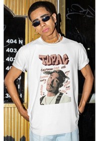 Resim Tupac Rapper Baskılı Unisex Oversize 2pac Şarkıcı Tişört Beyaz 