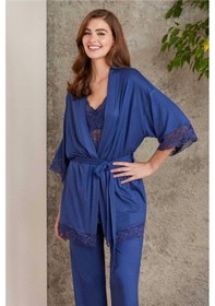 Resim Pierre Cardin Dantelli Sabahlıklı Penye Pijama Takımı Lacivert 001 