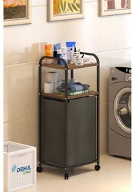 Resim 2 Raflı Frenli Tekerlekli Çamaşır Sepeti Banyo Dolabı Kirli Sepetli Banyo Düzenleyici Çamaşırlık Kahverengi 