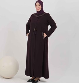 Resim Önü Ve Cebi Zarif Nakış İşlemeli Büyük Beden Ferace Mürdüm | 2041128 - 56 / Mürdüm 