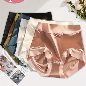Resim 6 adet Zarif Retro Tarzı Saten Parlak Kumaş Yüksek Bel Kadın İç Çamaşırı Yay Detayı ile - Siyah, Bej, Mavi, Yeşil, Pembe ve Pembe Renklerde Rahat Yumuşak Üçgen Külotlar, Yumuşak Rahat Giyim | Retro Tarzı İç Çamaşırı | Pürüzsüz Dokulu İç Çamaşırı 