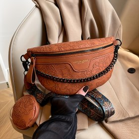 Resim Çiçek Kabartmalı Kadın Bel Çantası, Zincir Askılı & Çıkarılabilir Cebi - Günlük Kullanım İçin Şık Kahverengi Çapraz Çanta, Madeni Para & Temel Eşyalar İçin Mükemmel, Günlük Çapraz Çanta | Dekoratif Zincir Askı | Çanta 