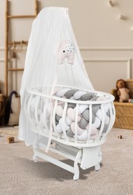 Resim TommyBaby Masal Sepet Beşik Ahşap Beşik Örgülü Uyku Setli Doğal Ahşap Beşik 
