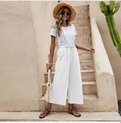 Resim Yaz Kadın Pantolonları Elastik Bel Düz Renk Pamuk Keten Kuşaklı Geniş Bacak Pantolon Gevşek Dokuz Dakika Pantolon Beyaz 