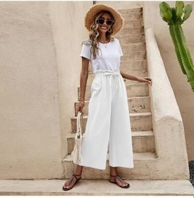 Resim Yaz Kadın Pantolonları Elastik Bel Düz Renk Pamuk Keten Kuşaklı Geniş Bacak Pantolon Gevşek Dokuz Dakika Pantolon Beyaz 