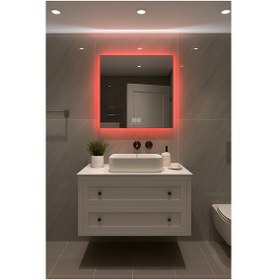 Resim Digital Hayat Buğu Çözücü Dokunmatik Dimlenebilir Kare Ayna Kırmızı Işıklı Led Dekoratif Banyo Makyaj Aynası Kırmızı 