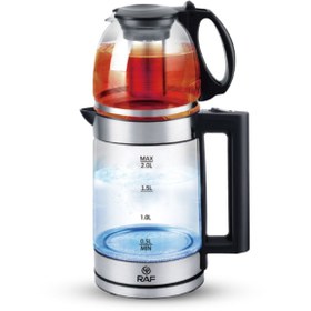 Resim NPO RAF R7898 Ledli 1500W Inox/Cam 2L Su Isıtıcı Kettle ve Demlik Süzgeçli Çay Makinesi NPO