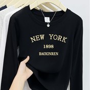 Resim New York 1898 Baoxinren Rayon Karışımı Yuvarlak Yaka Tişört, Uzun Kollu Örgü Kazak, Dar Kesim, Alfabe Baskılı, Sonbahar Sezonu Üstü 