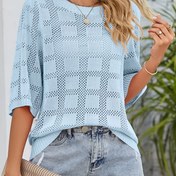 Resim Kadınların Hafif Kazakları - Bahar/Yaz Düz Renk Kare Desenli, Kısa Kollu Yuvarlak Yaka, Rahat ve Resmi Giyim için Nefes Alabilen Polyester, Hafif Kazak 