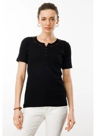 Resim Desen Triko Kadın Açma Yaka Boncuk İşlemeli T-shirt 24754 Siyah Siyah 