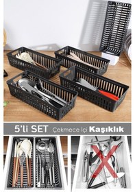 Resim 5'li Modüler Kaşıklık Seti - Mutfak Düzenleyici Çekmece İçi Organizer Bıçaklık Kepçelik Siyah Siyah 