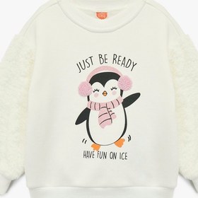 Resim Kız Bebek Penguen Baskılı Uzun Kollu Bisiklet Yaka Pamuklu Şardonlu Sweatshirt 