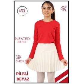 Resim Kız Çocuk Pilel Ekru / Beyaz Etek Yüksek Bel Içi Şortlu Likra Kumaş Okul-oyun-spor-etkinlik Eteği 4103 Ekru/ Beyaz 