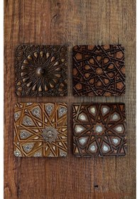 Resim Doğal Taş Bardak Altlığı 4'lü Set - 10x10x1cm Geometrik Desenler - Stone Coasters Çok Renkli 