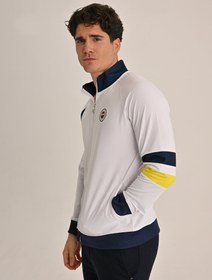 Resim Fenerbahçe Beyaz Tribün Sarı Lacivert Şeritli Erkek Sweatshirt - Beyaz / XL 