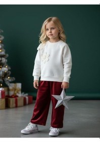 Resim Kız Çocuk Pamuklu Boncuklu Sweatshirt-16578 Ekru 
