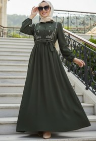 Resim N.S NEVA STYLE Desen Detaylı Haki Tesettür Elbise 10304HK 