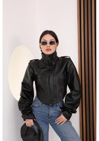 Resim Famoda Dik Yaka Korse Detaylı Motorcu Crop Kadın Deri Ceket Siyah 