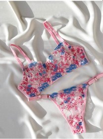 Resim Violet Çiçek Desenli Tanga Külotlu Sütyen Takım-pembe Pembe 