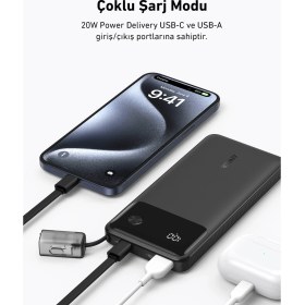 Resim Anker Powercore 10000 mAh - 10K Taşınabilir Hızlı Şarj Cihazı - USB C Kablolu - 22,5W - Siyah - A1388 (Anker Türkiye Garantili) 