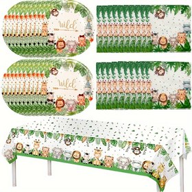 Resim 41 parça ile orman safari temalı parti malzemeleri seti - Çocuklar için Vahşi Hayvanlar Desenli Tek Kullanımlık Tabaklar, Peçeteler, PVC Masa Örtüsü, Doğum Günü, Etkinlik Süslemesi için Uygun, 14 yaş ve üzeri için geçerlidir. 