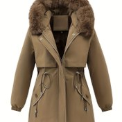 Resim Kadın Rahat Kapüşonlu Orta Boy Kışlık Ceket Suni Kürk Detaylı ve Bağcıklı - %100 Polyester, Düz Renk, Esnek Olmayan Kumaş, Normal Kol, Uzun Kol, Fermuarlı Pat, Bağcıklı Bel Detayı, Dokuma Dış Giyim 