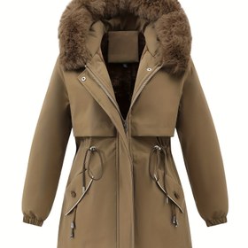 Resim Kadın Rahat Kapüşonlu Orta Boy Kışlık Ceket Suni Kürk Detaylı ve Bağcıklı - %100 Polyester, Düz Renk, Esnek Olmayan Kumaş, Normal Kol, Uzun Kol, Fermuarlı Pat, Bağcıklı Bel Detayı, Dokuma Dış Giyim 
