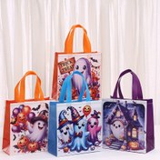 Resim 1'li Paket Cadılar Bayramı Parti Çantaları - Ürkütücü Hayaletler, Balkabağı ve Yarasa Desenli - Dayanıklı Saplı Dokumasız Alışveriş Çantası, Şeker Toplama veya Hediye Taşıma İçin - Turuncu, Mor, Mavi Renklerdeki Dekoratif Çanta - Renkli Saplı Halloween Çantalar 