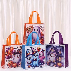 Resim 1'li Paket Cadılar Bayramı Parti Çantaları - Ürkütücü Hayaletler, Balkabağı ve Yarasa Desenli - Dayanıklı Saplı Dokumasız Alışveriş Çantası, Şeker Toplama veya Hediye Taşıma İçin - Turuncu, Mor, Mavi Renklerdeki Dekoratif Çanta - Renkli Saplı Halloween Çantalar 