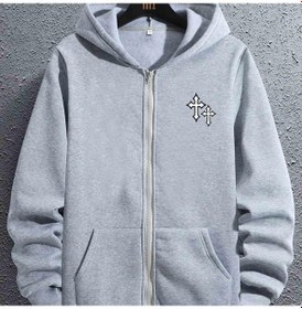 Resim Şık Hristiyan Haç Baskılı Erkek Kapşonlu Ceket İlkbahar Ve Sonbahar Spor Sweatshirt Gri 
